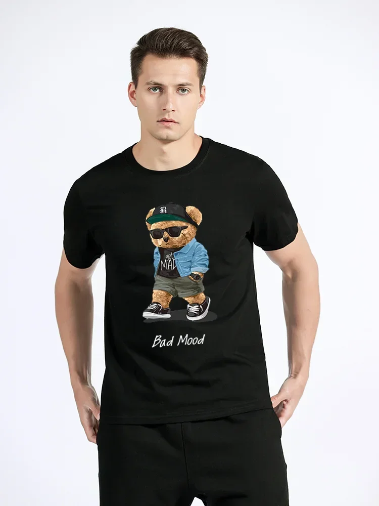 Hip Hop Tops Casual Cotton Tshirt Tees Streetwear Summer Casual T Shirt Get Mad Bad Mood Walking Silent Teddy Bear Men T-shirt