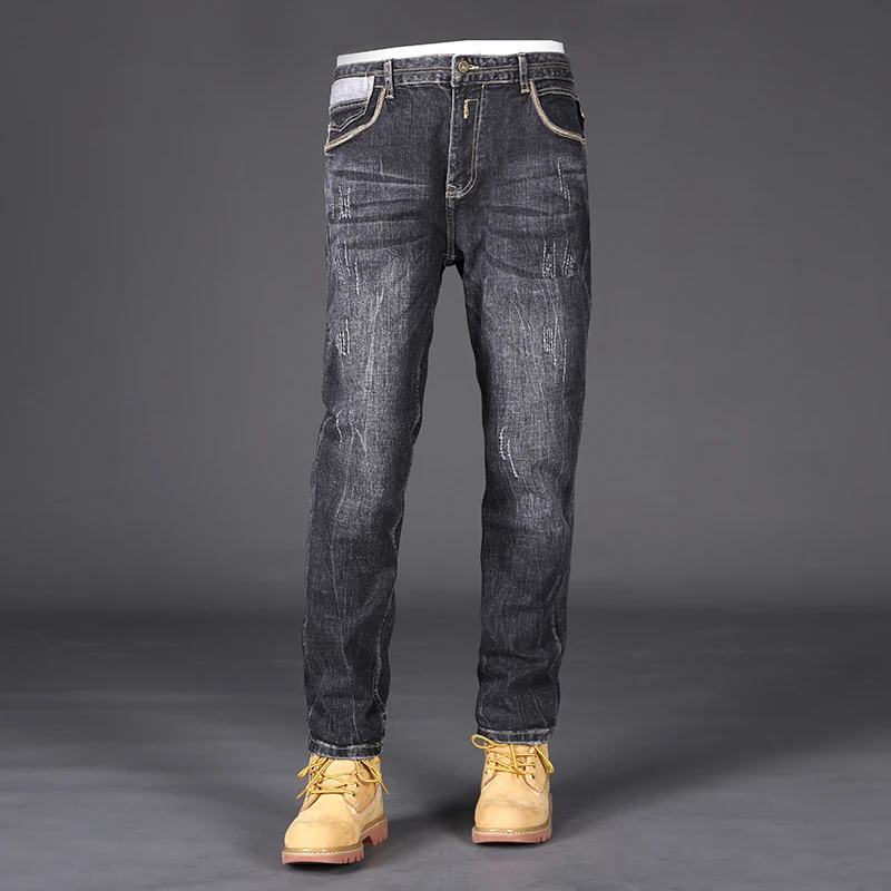 Men's Retro Slim Fit Jeans Y2K Fashion Street Wear Elastic Waist Black Gray Italian Designer Hombre Retro Style