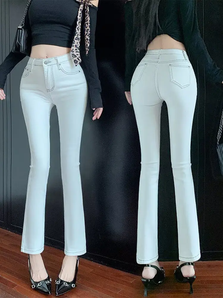 

White Women's Straight Leg Jeans Elastic High Waist Cotton Stretch Denim Pants Nine Points Spring Summer New Sle Simple Design