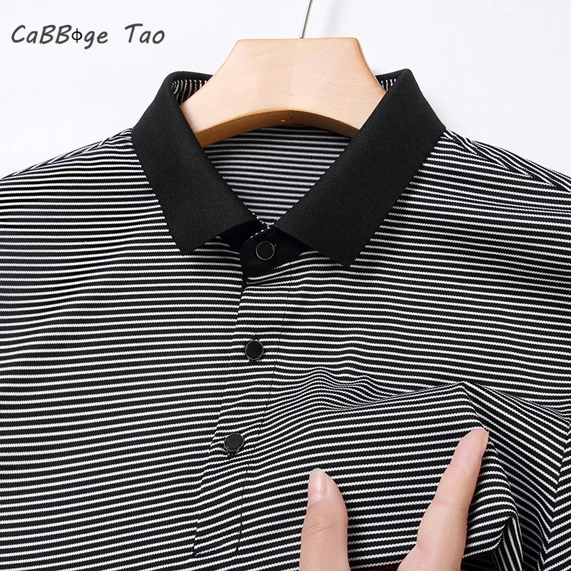 Summer New Men\'s Polo Collar Colored Striped T-shirt Casual Slim Fit Breathable Comfortable and Refreshing Short Sleeved Top