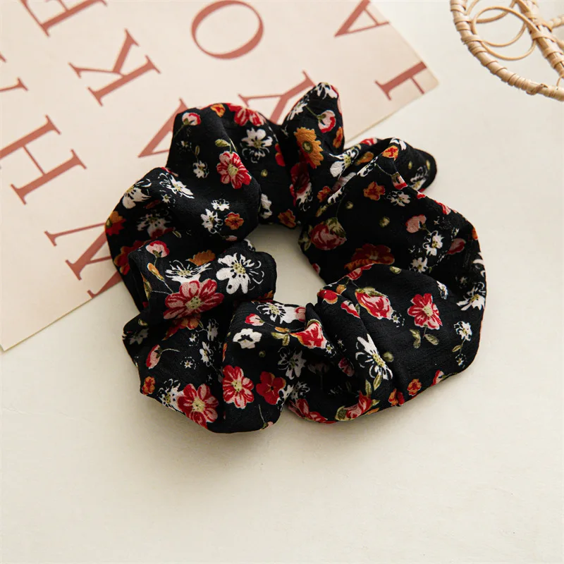 DIY Sweet Chiffon Rose Flower Print Elastic Hair Bands Romantic Pink Red Floral Hair Scrunchie Women Rubber Band Ponytail Holder