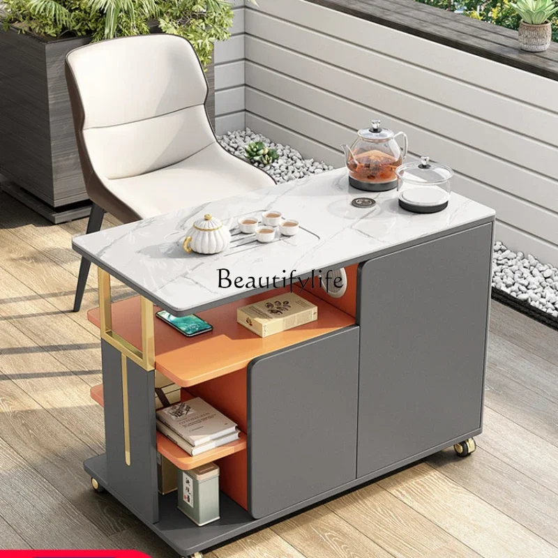 

Rock slab tea table multi-functional rotating simple balcony living room side tea cabinet