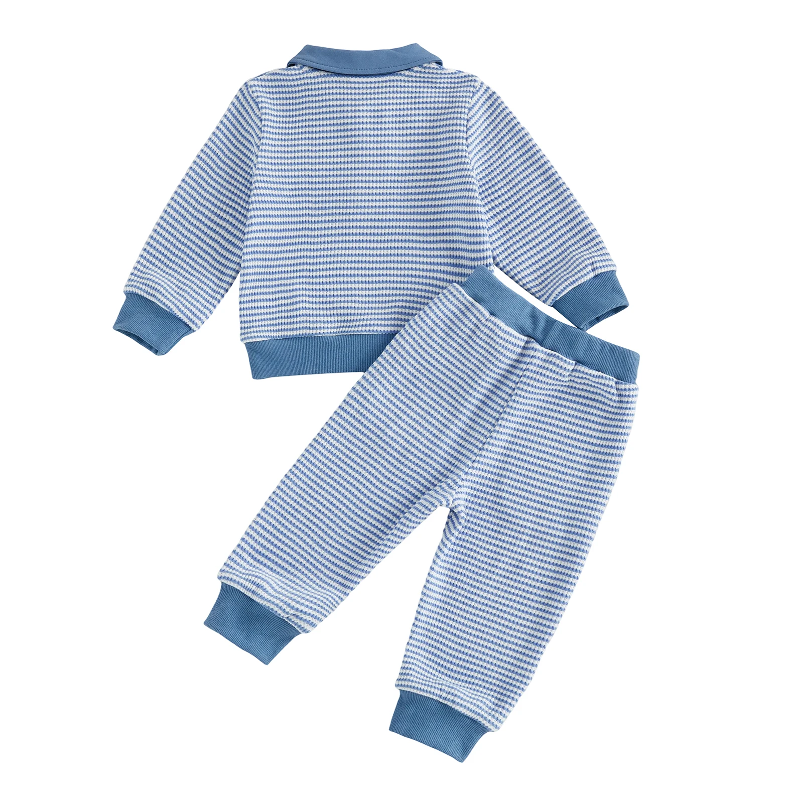 Toddler Boy Fall Outfits Waffled Stripe Long Sleeve Lapel Duck Embroidery Pullover Elastic Waist Pants 2 Pcs Set