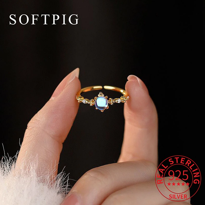 SOFTPIG Real 925 Sterling Silver Moon Stone  Adjustable Ring for Charming Women Party Classic Fine Jewelry Minimalist Bijoux