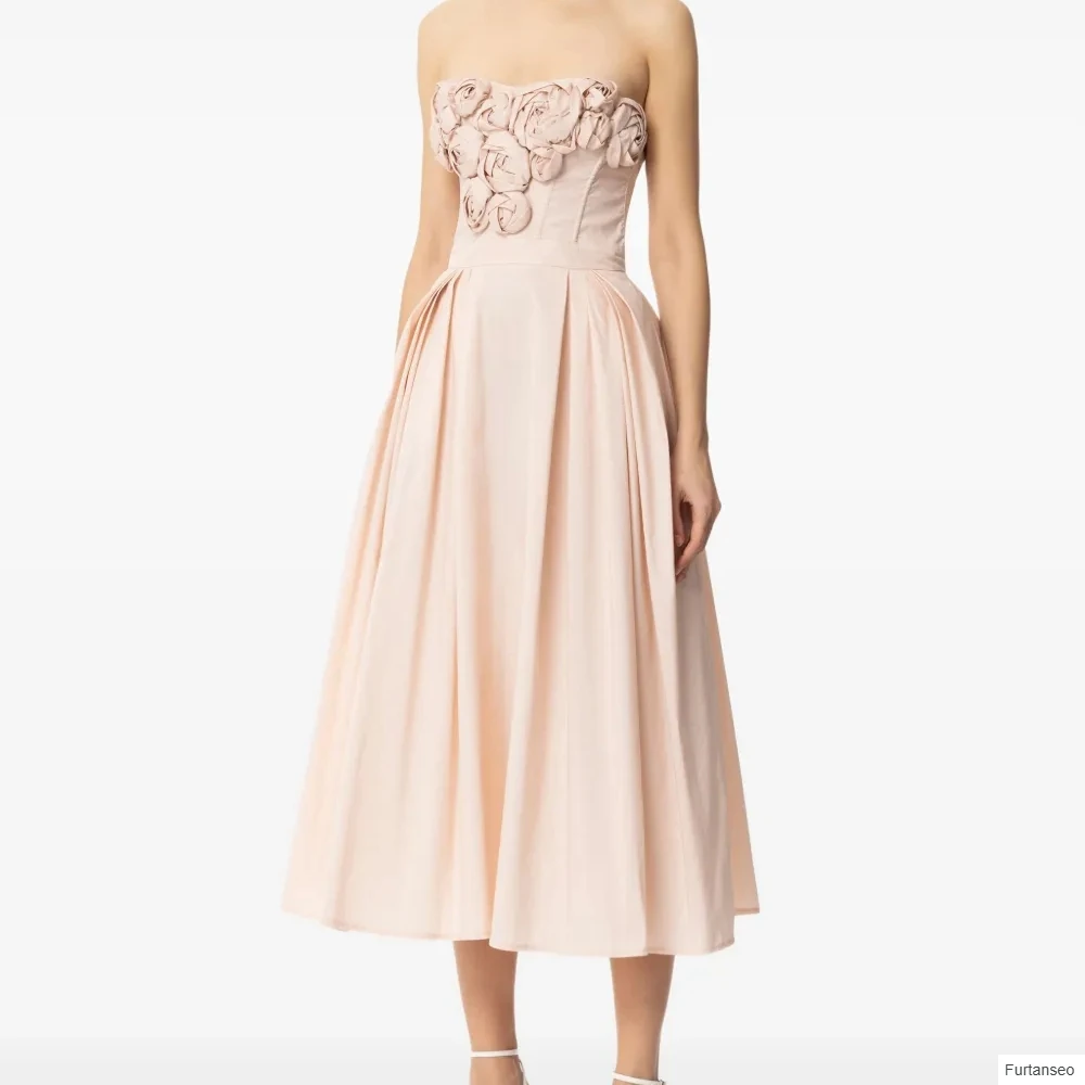 

A-line Women's Evening Dresses Tea-length Strapless Sleeveless Prom Gown Fashion Flowers Simple Draped Backless Customized Gowns