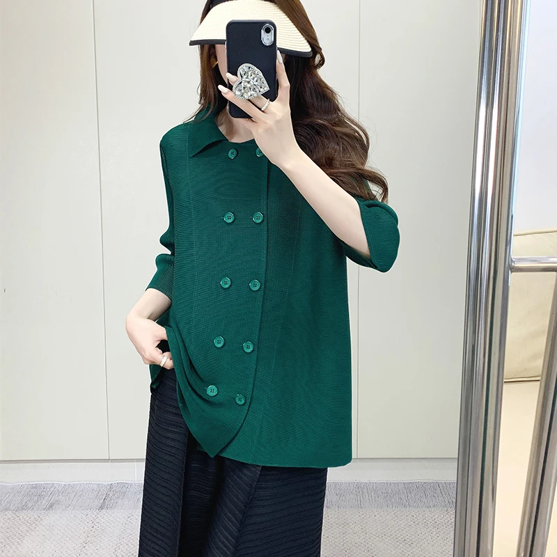 

Плиссированная куртка Miyake, женский двубортный дизайн, флип-воротник, рубашка с рукавом средней длины, модная короткая куртка