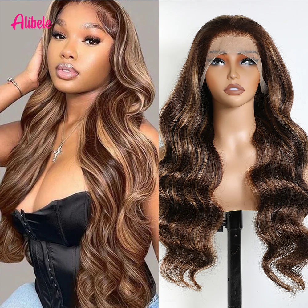 

Alibele 13x4 Pre Bleached Hd Lace Frontal Wigs Highlight Human Hair Wigs Body Wave Ombre P4/27 Piano Colored For Women Holiday