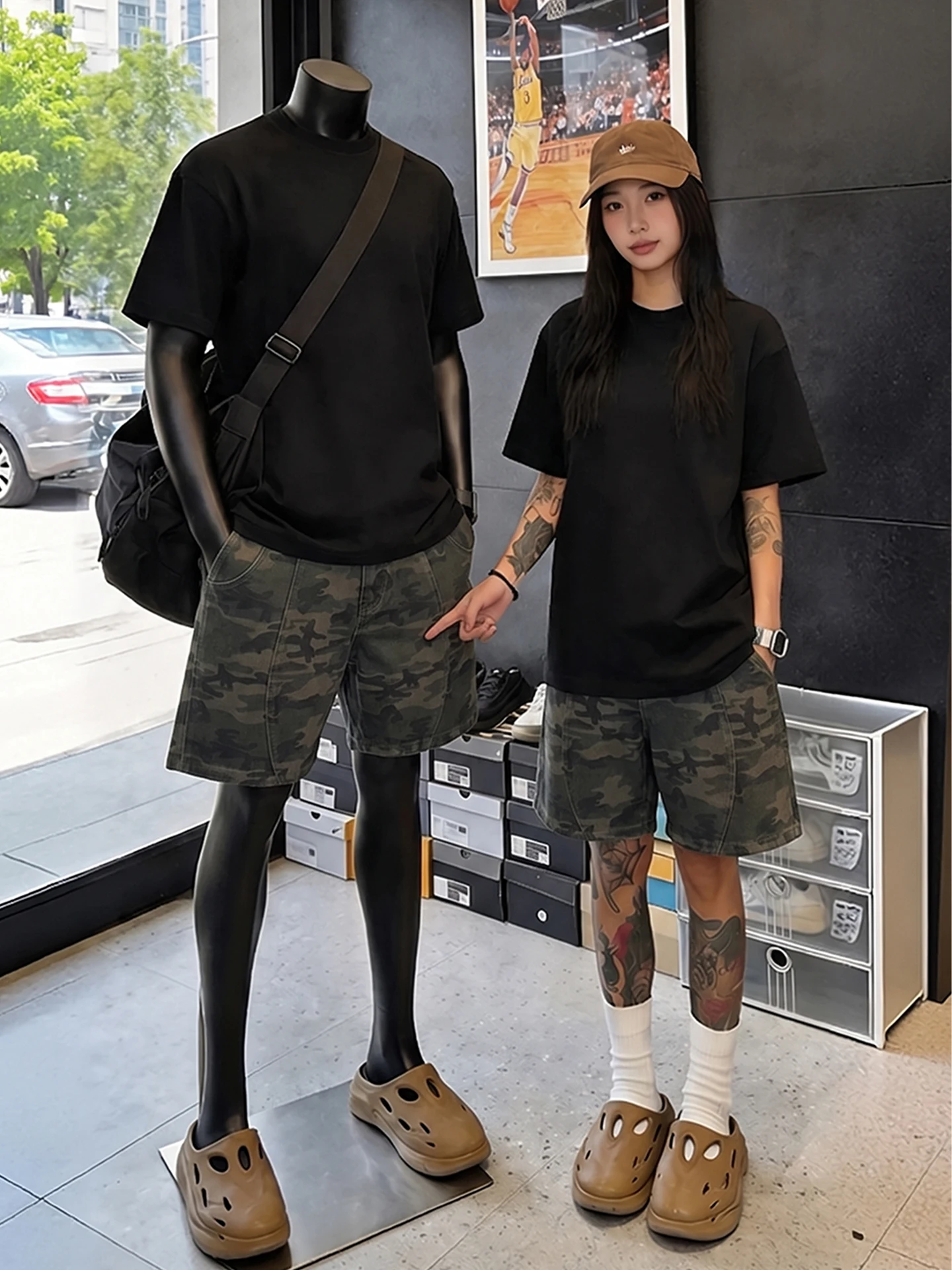 Vintage American Deconstructed Camouflage Shorts Men's Summer Oblique Cut Logging Workwear Loose Five-Quarter Mid-Pants