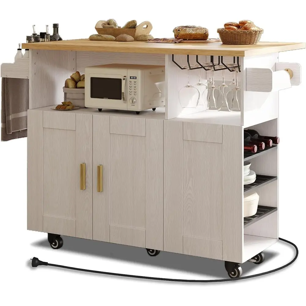 Rolling Mobile Kitchen Island with Storage and Drop Leaf, Island Table with Countertop Power Socket and Wheel (White, Model 1)