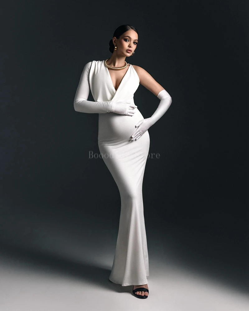 Maternity Fashionable and Sexy V-neck Bodycon Dress with One Shoulder - Pure Color Stylish Design Gloves for Photography Parties