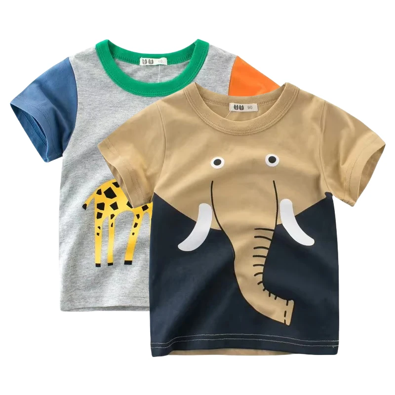 2025 Summer Elephant Print T-Shirt for Boys Kids Giraffe Lion Cotton Tops Child Baby Toddler Short Sleeve Cartoon Tee 2-10Y