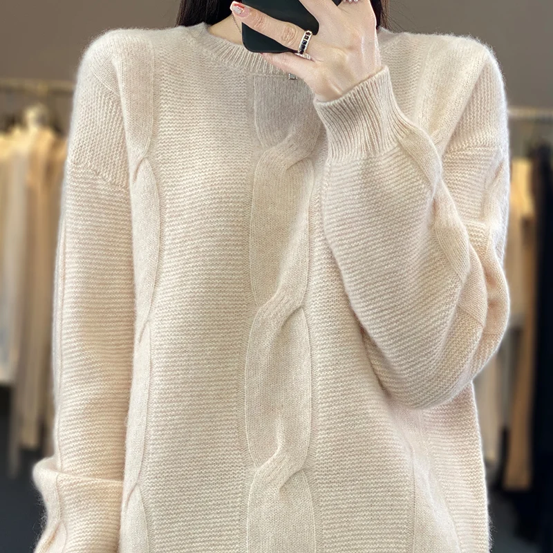 

Fashion Autumn Winter Women Solid Color O-Neck 100% Merino Wool Sweater Cashmere Pullover Long Sleeves Soft Classic Clothing Top