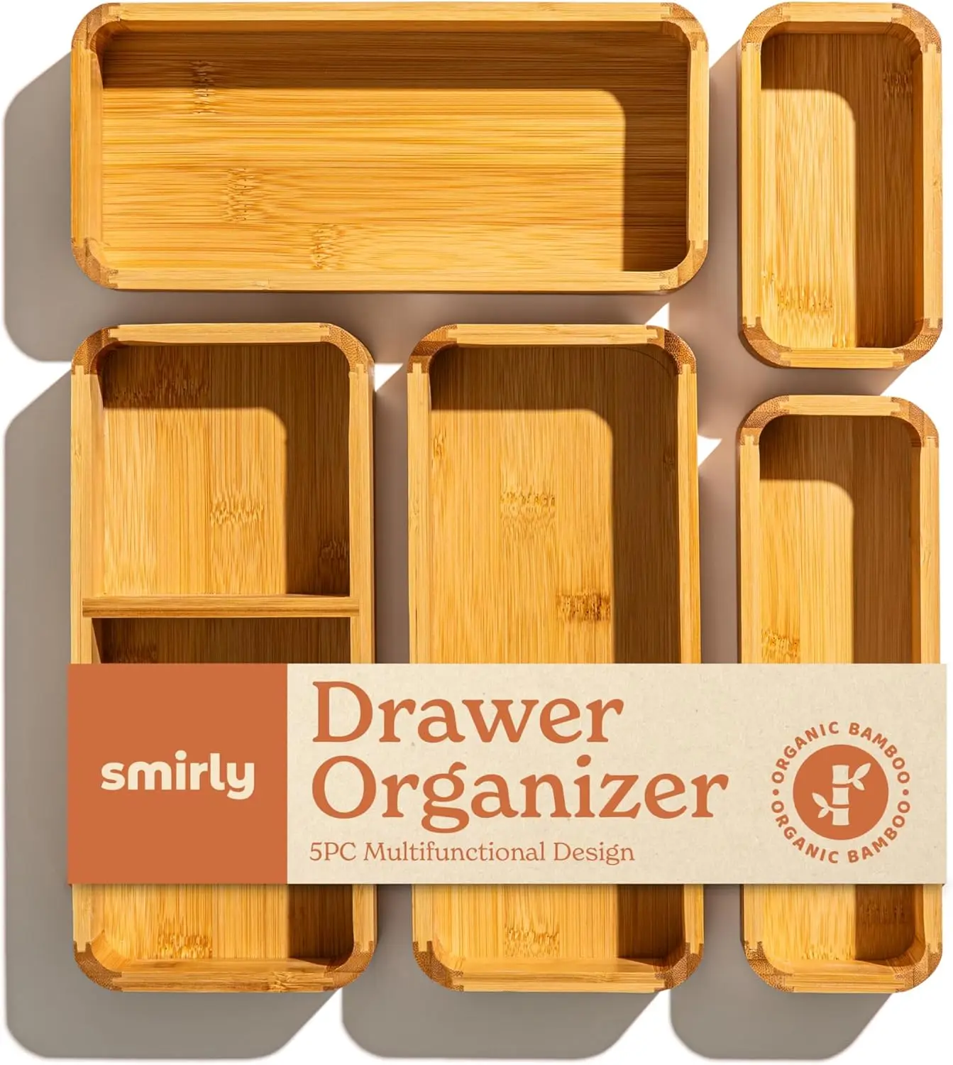 

5-Piece Bamboo Kitchen Drawer Organizer Set for Large and Small Utensils, Multi-use Storage Box