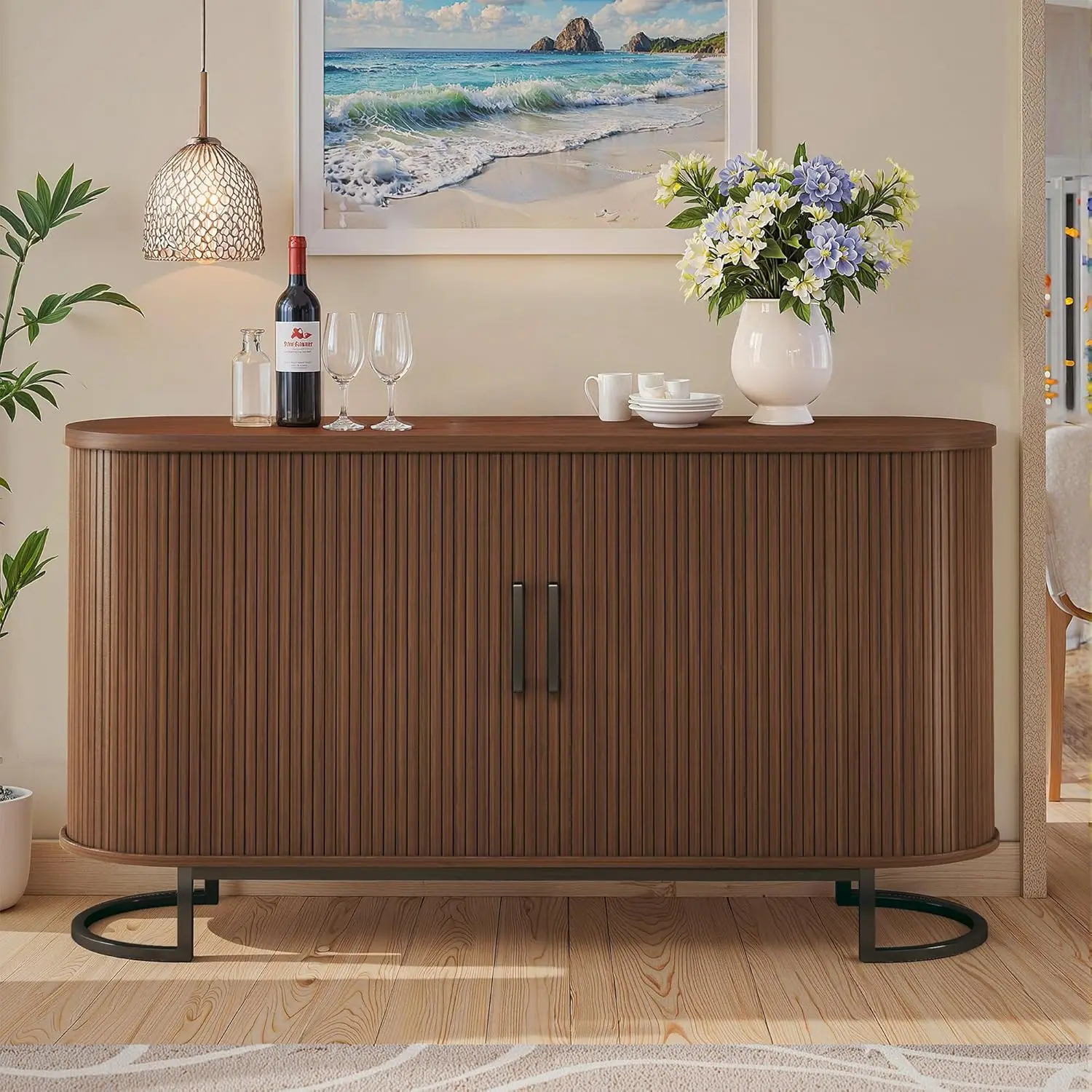 

Буфет-сервант с раздвижной дверью и регулируемой полкой, 54,3 дюйма, современный консольный столик из орехового дерева для кухни или прихожей