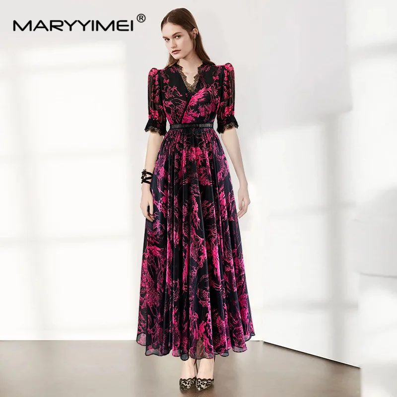 

MARYYIMEI Fashion Designer spring Summer Women's V-Neck Half Sleeve Lace Edge Printed Split Big Swing Dresses