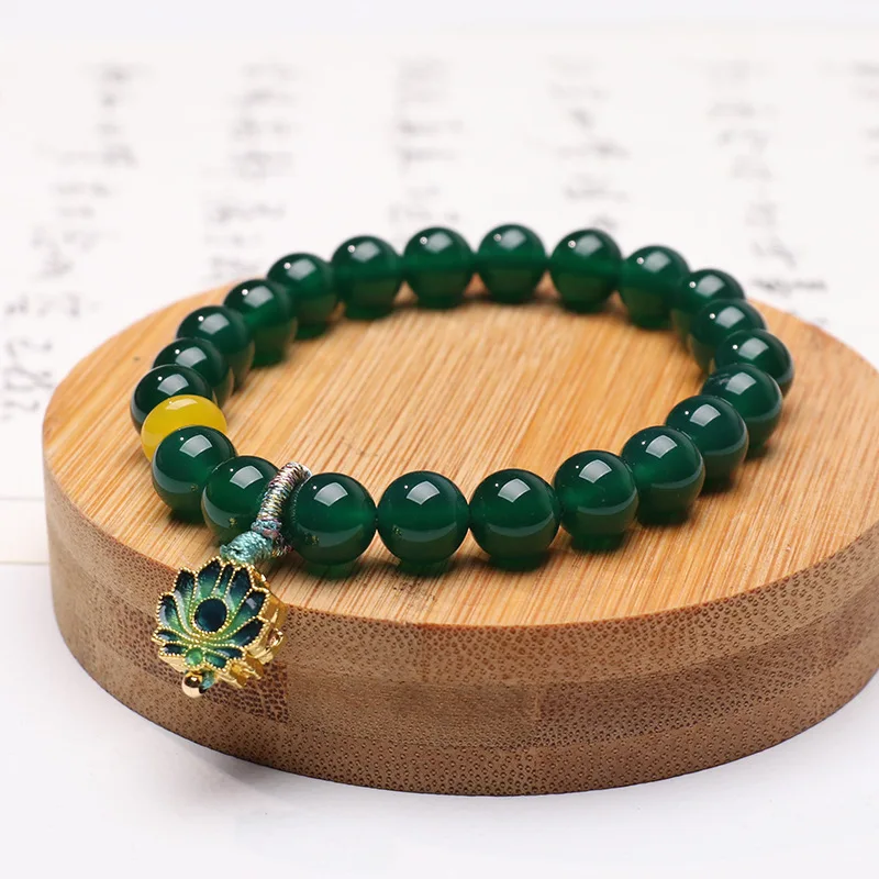 Vintage Chinese Style Natural 8mm Green Agate Bracelet with Yellow Agate Lotus Pendant and Tassel Best Friends Bracelets Gifts