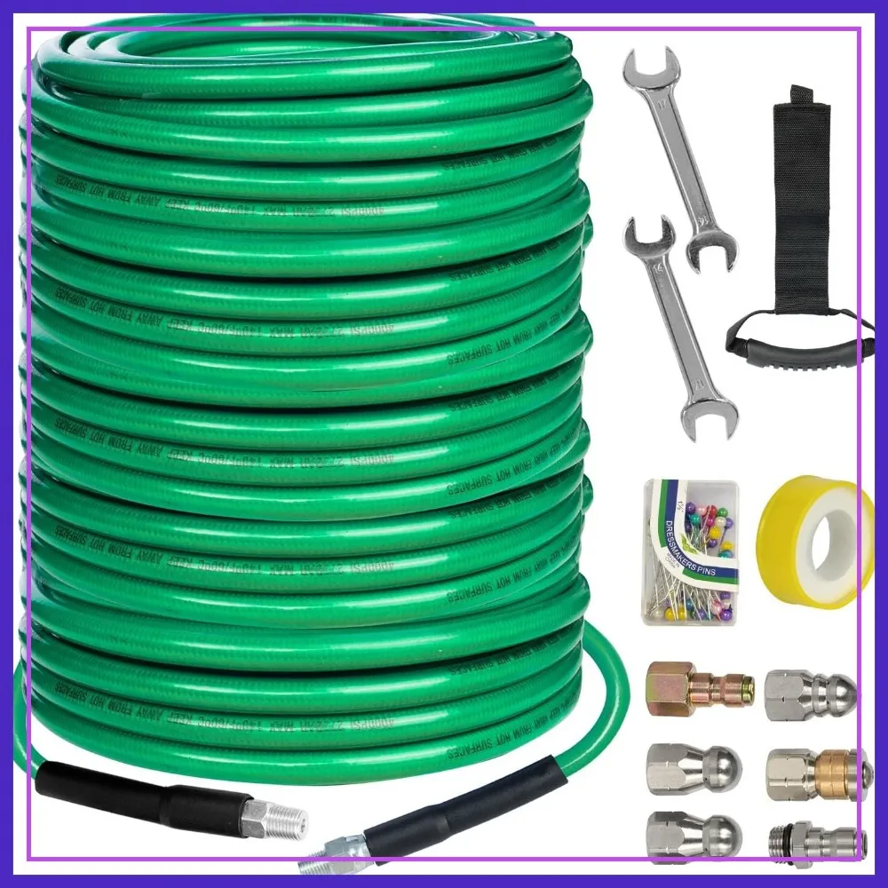 

200FT Sewer Jetter Kit for Pressure Washer, 4000 PSI Drain Cleaner Hose 1/4 Inch NPT, 4 Nozzles & Accessories