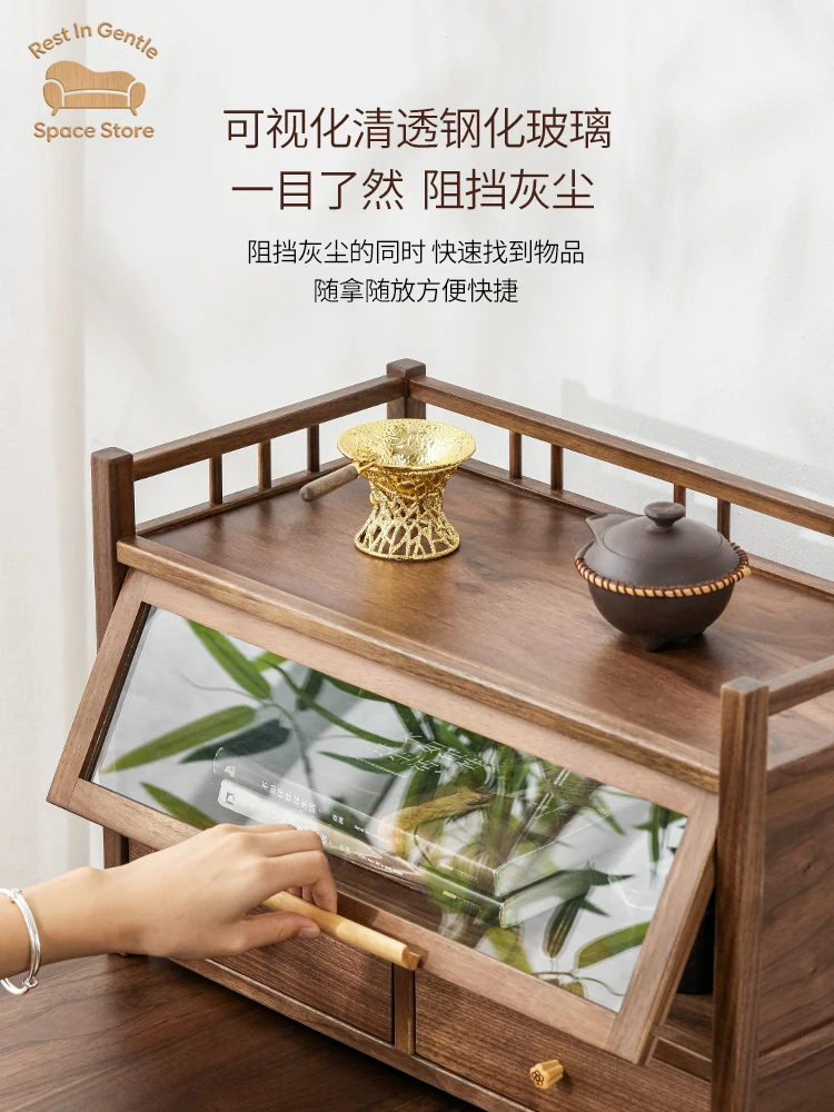 Walnut desktop storage cabinet double drawer solid wood Bogu rack dustproof new Chinese ornament teapot tea set rack