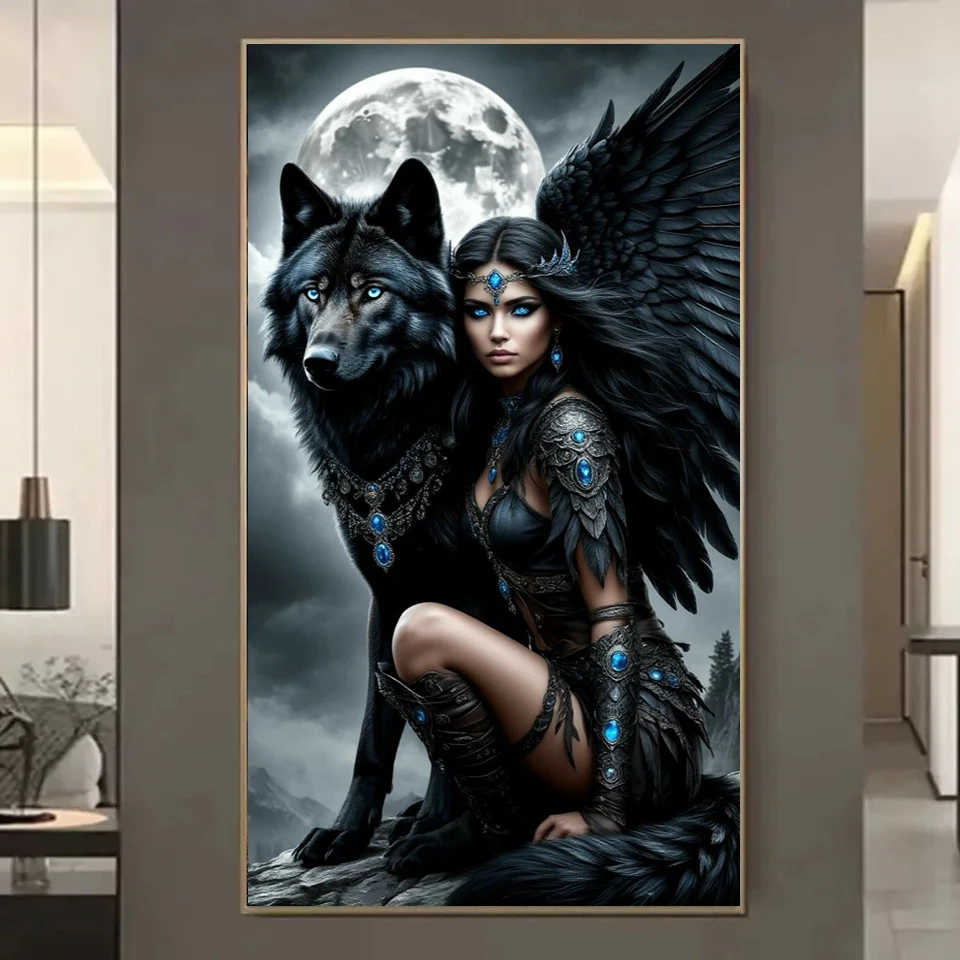 New Diamond Painting 2026 Black Wolf and Woman 5D Mosaic Cross Stitch Full Diamond Art Embroidery Large Size Living Room Decor
