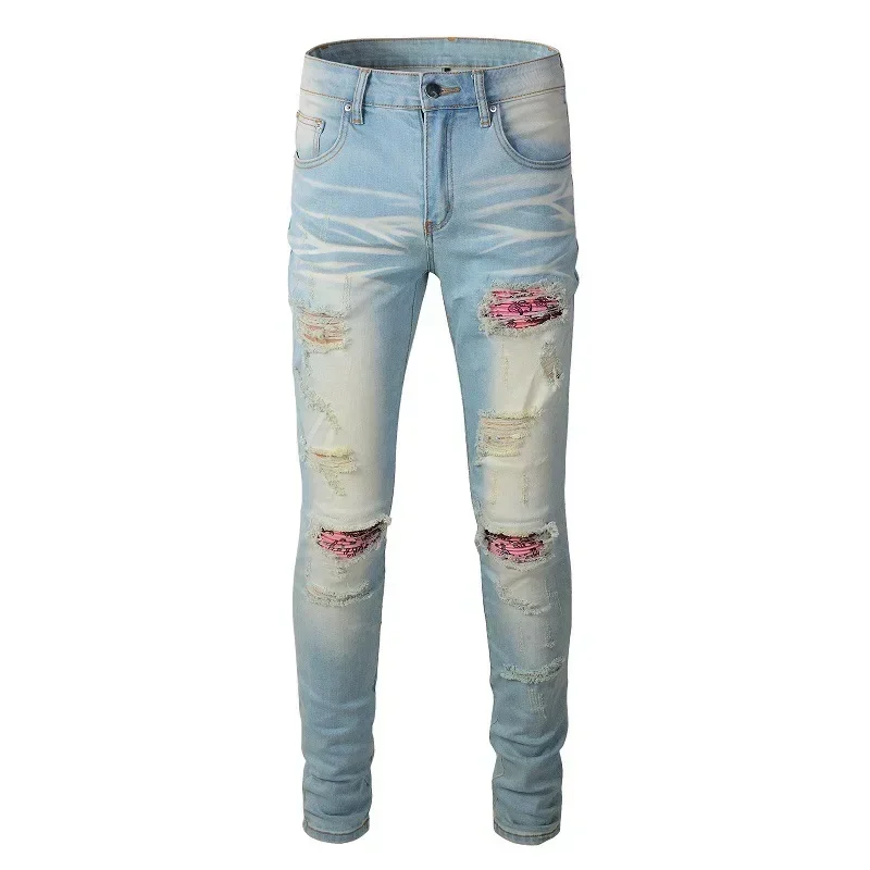 European and American Fashion Men's Street Jeans, New Style Ripped Messy Thread Patchwork Elastic Ankle-Length Jeans Pants