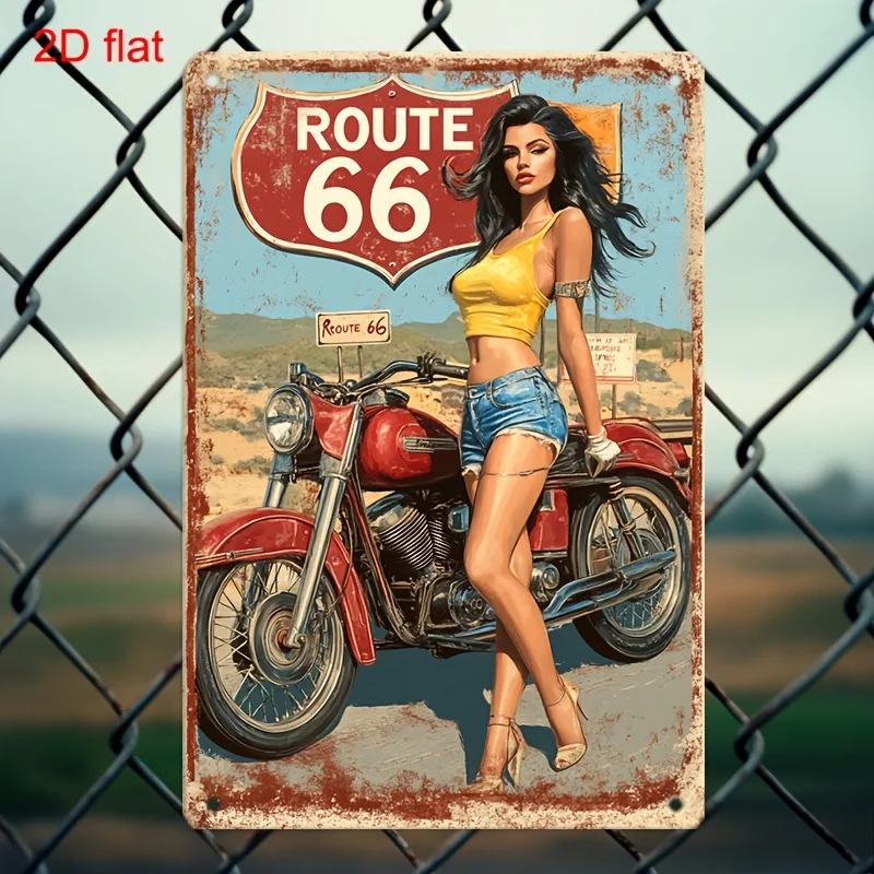 2D flat, vintage metal Decorative sign |route 66 cycling wall decoration |Durable, pre perforated, easy to hanging, 20x30cm
