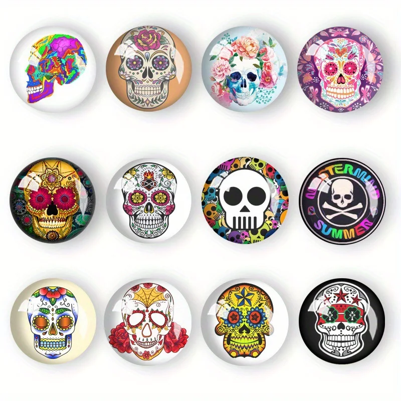 12 Stück bunte Totenkopf-Magnet-Kühlschrank-dekorative Aufkleber aus Glas-Cabochons