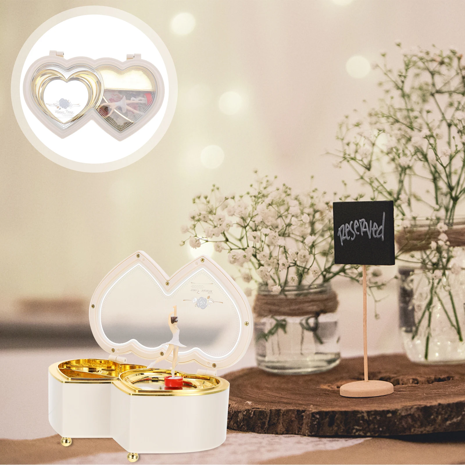 

1pc White Heart Shaped Ballerina Music Box Dancing Rotating Jewelry Storage Gift Desktop Decor Wedding Present Melody Box