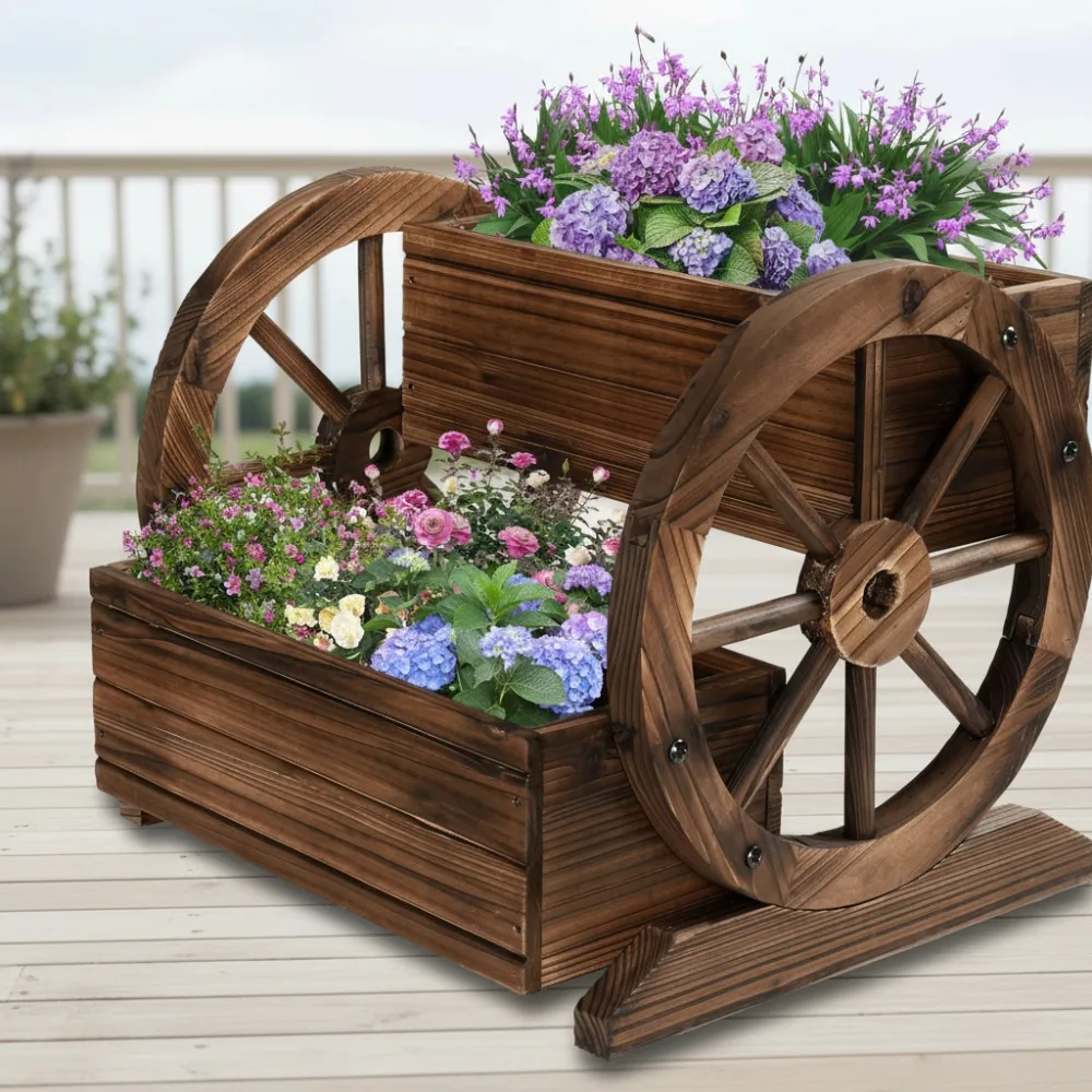 

Деревянный вагон-самолет с колесиками, декоративная садовая тележка для цветов, трав, овощей, внутреннего и наружного патио, балкона