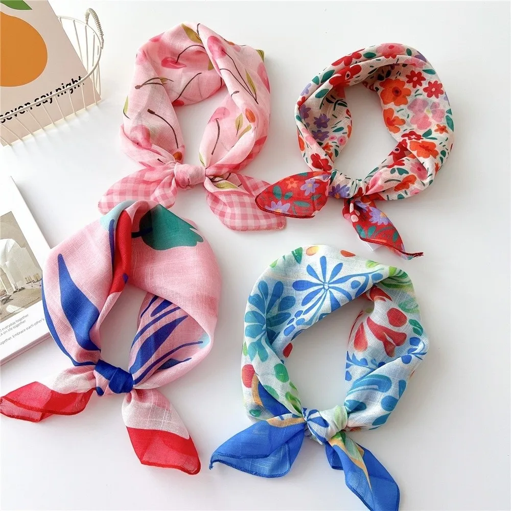Elegant Floral Print Neckerchief Cotton Linen Square Neck Scarf Breathable Decorative Wrap Sunscreen Head Scarf