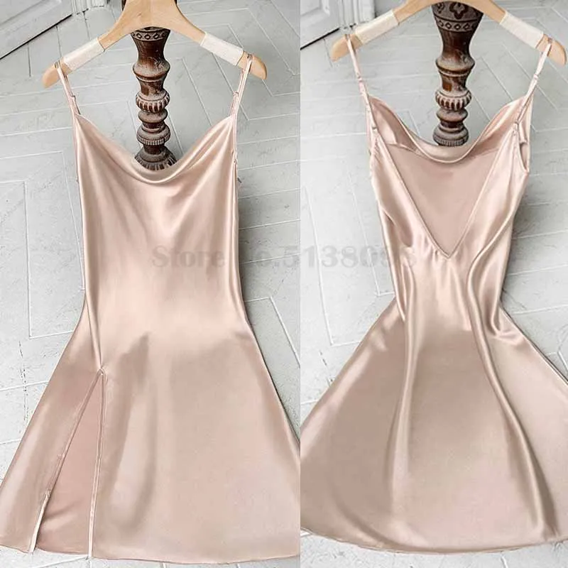 Pink Satin Sexy Split Sleep Shirts Intimate Lingerie Nightgown Women\'s Loose Casual Home Wear Spaghetti Strap Chemise Nightdress