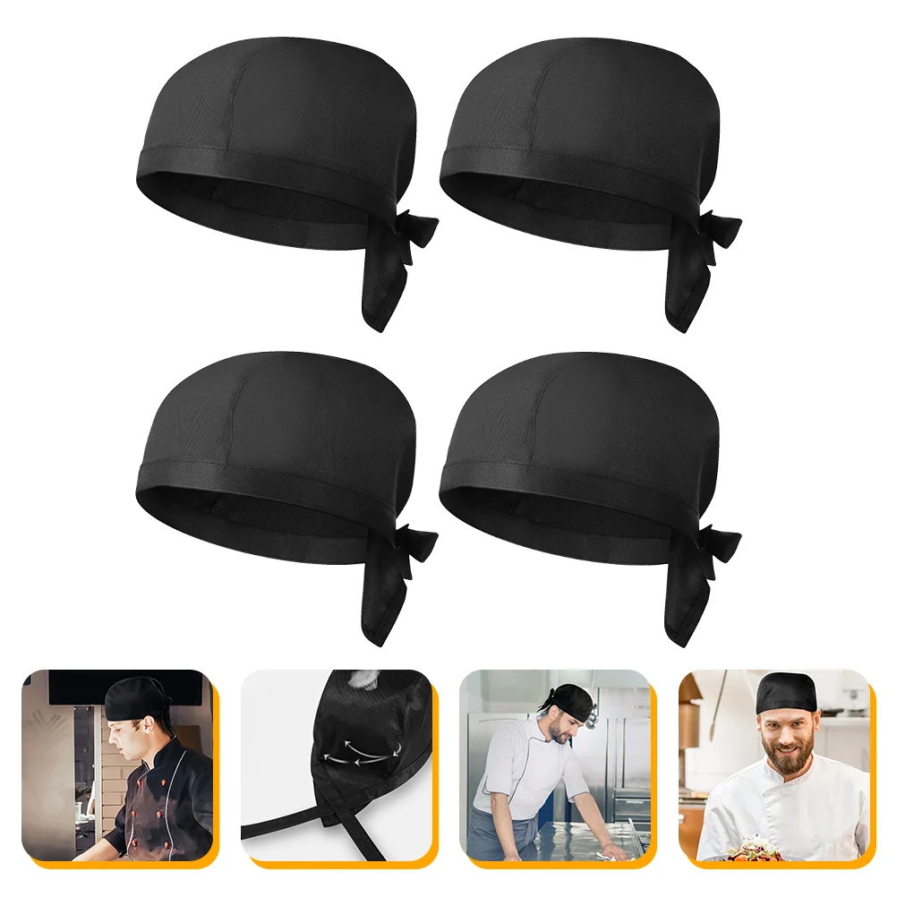 4 Pcs Chef Hat Catering Skull Caps Ribbon for Men Sun Hats Turban Working Server