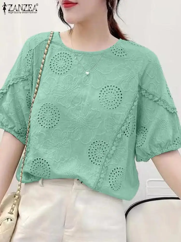 ZANZEA Women Elegant Hollow Out Embroidery Blouses 2024 Summer Casual Loose Lace Trim Half Sleeve Blusas Patchwork Shirts Femme