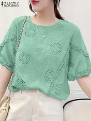 ZANZEA Women Elegant Hollow Out Embroidery Blouses 2024 Summer Casual Loose Lace Trim Half Sleeve Blusas Patchwork Shirts Femme