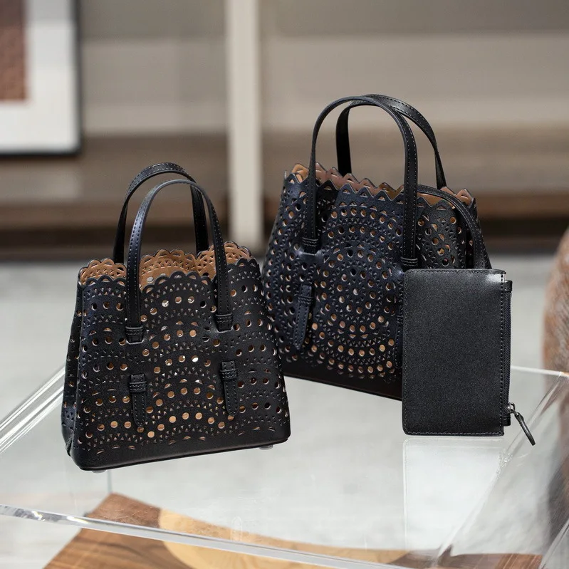 New Tote Bag French Cowhide Handmade Bag Niche Laser Engraved Hollow Leather Vegetable Basket Bag Casual Versatile Temperament