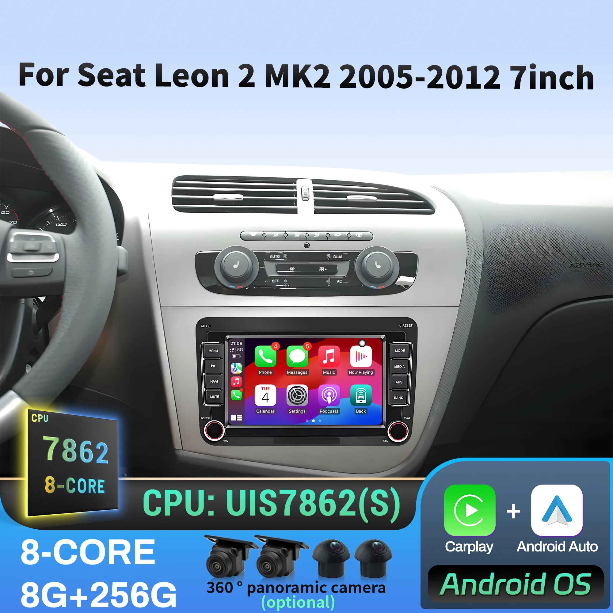 

7 inch Android 14 Car Radio For Seat Leon 2 MK2 2005 2006 2007 2008 2009 2010-2012 Wireless BT CarPlay Head Unit Screen Stereo