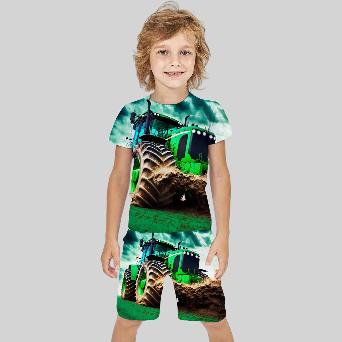 

Summer Children T-shirts Shorts Suits 3D Truck Tractors Print Fashion Round Neck TShirt Set Oversized Loose Kids Street Clothing