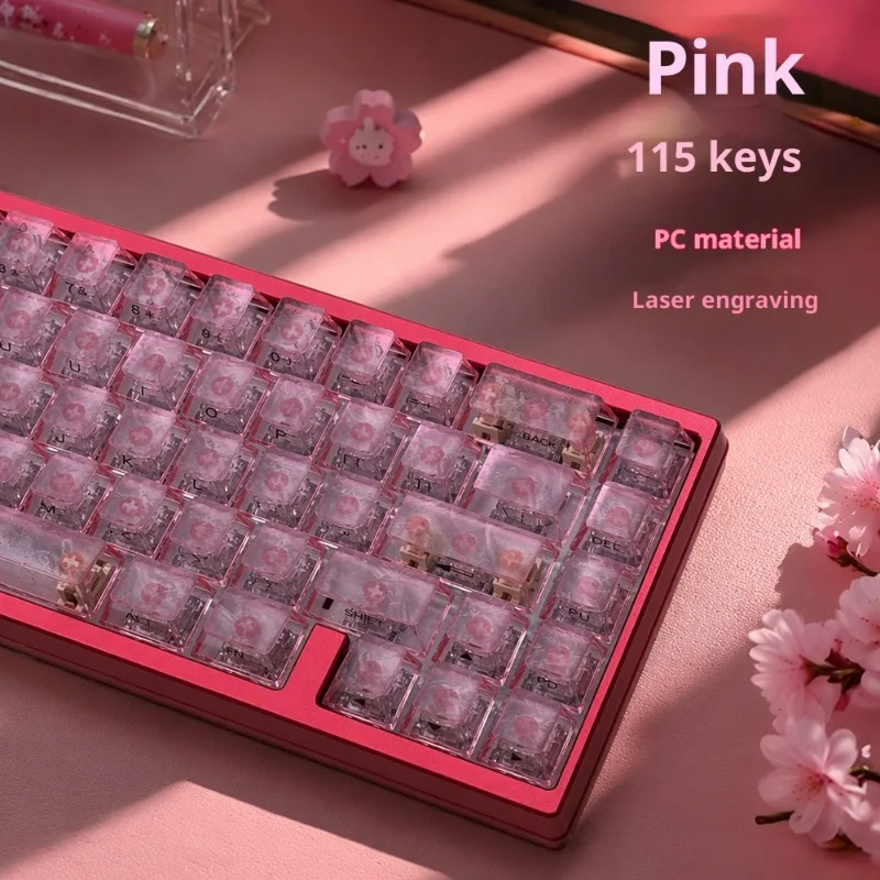 Pink side engraved top carbon fiber keycap with 115 keys, complete set of original PBT mechanical keyboard