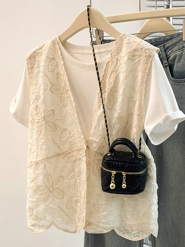Floral Embroidery V-Neck Women's Jacket Vest Outerwear Shoulder-Length Style Layering Clothing plus Size Fashion Commute