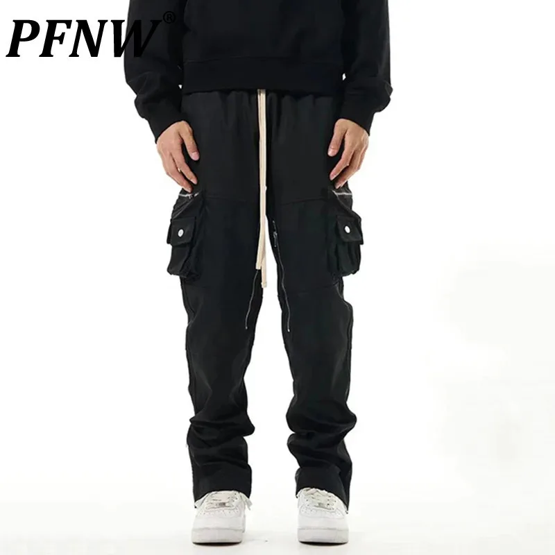 

PFNW Dark Style Men's Cargo Pants Drawstring Multi Pockets Elastic Waist Straight Wide Leg Zippers Patchwork Male Bottom 12C983