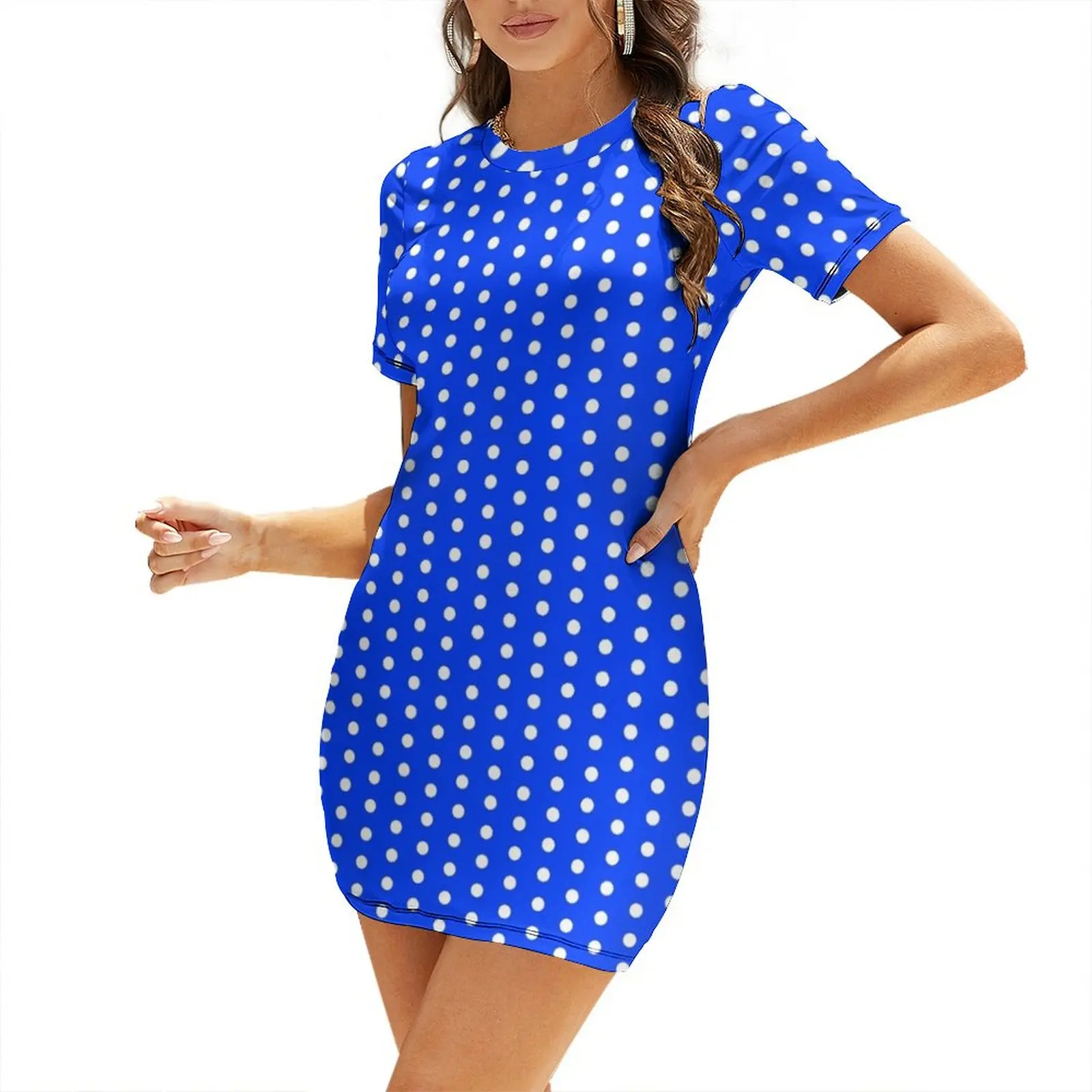 

Blue Dress with White Polka Dots, A-Line, Pencil Skirt and More Short Sleeved Dress women's summer dresses 2025