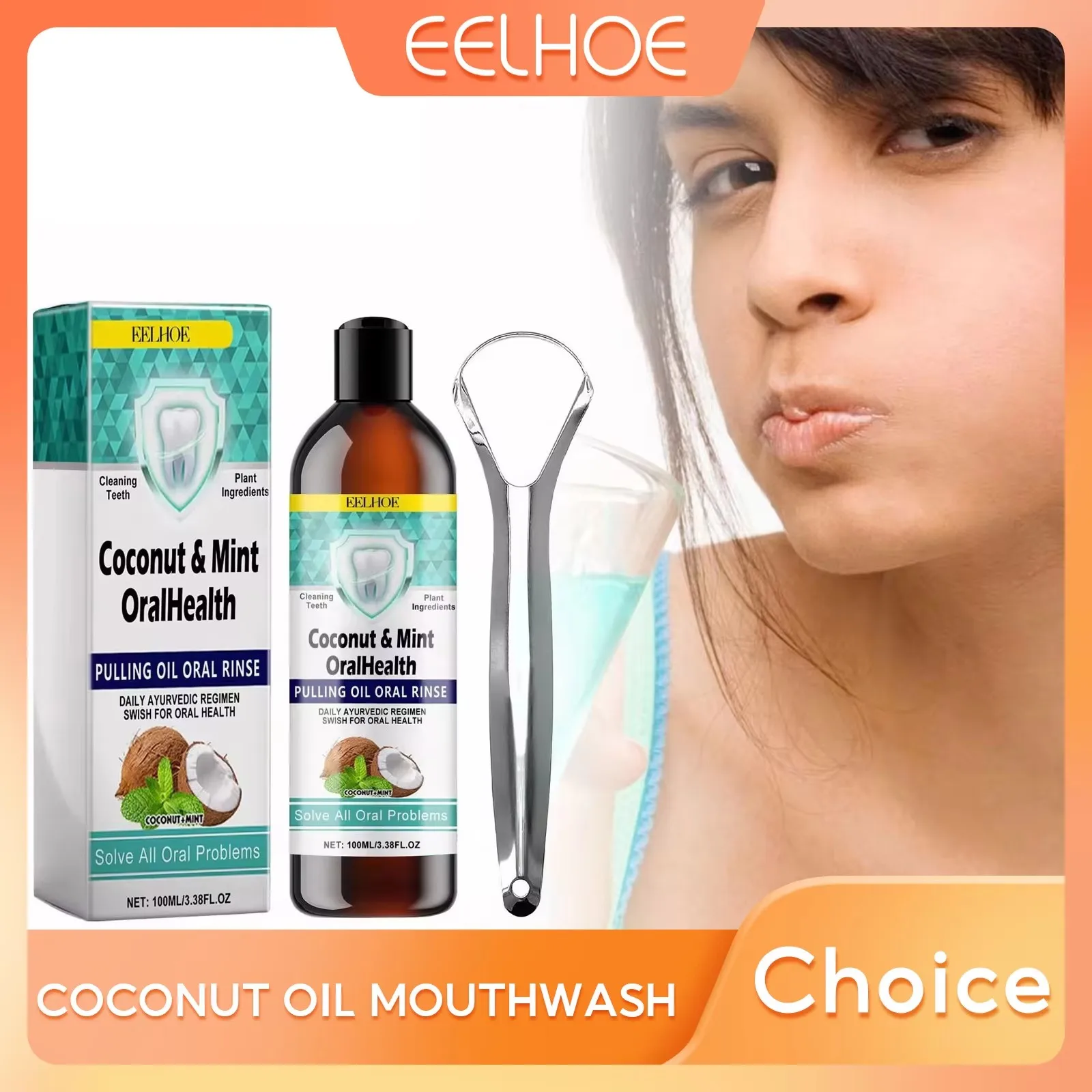 EELHOE Mint Coconut Oil Pulling Mouthwash Teeth Cleaning White Tooth Alcohol-Free Fresh Breath Oral Care Products Tongue Scraper