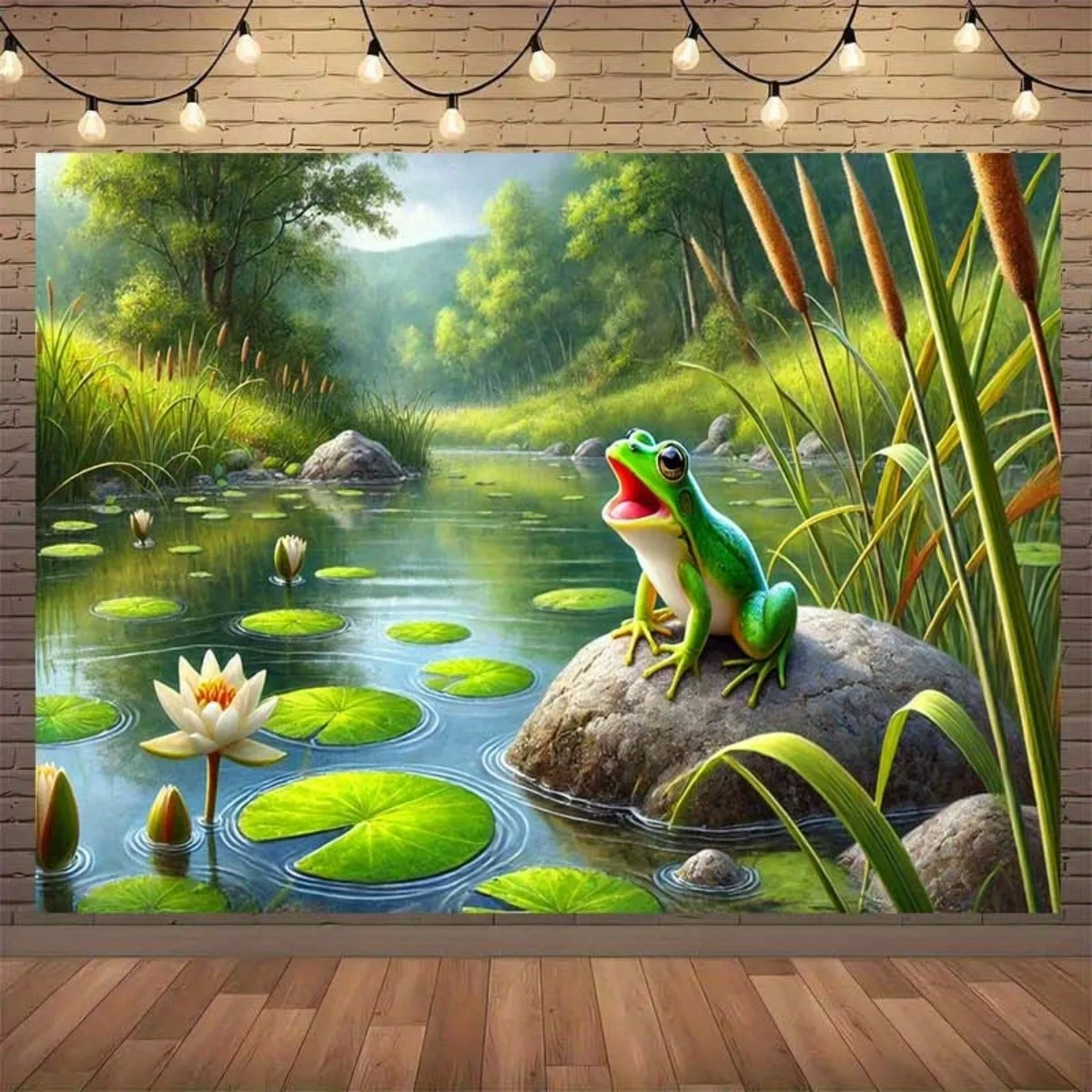 Vivid Nature Pond Tapestry Wall Hanging Tropical Frog Scene Landscape Art Print Jungle Lily Pads Decor Outdoor Polyester Polyest