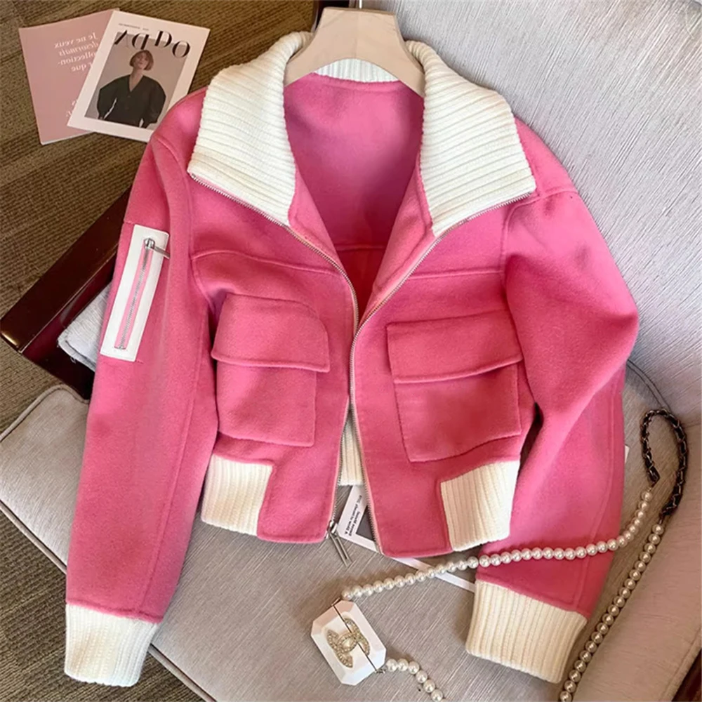 Femmes rose recadrée laine pardessus à manches longues vêtements d'extérieur Vintage Harajuku coréen lâche Baseball veste manteau 2000s vêtements hiver