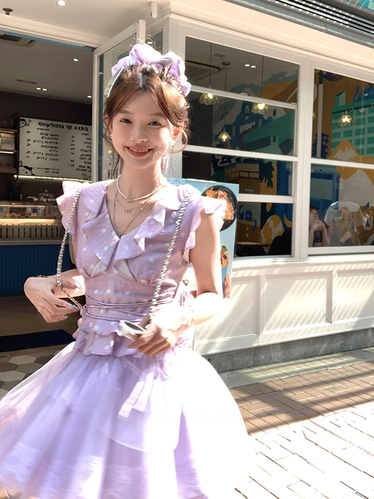 

Acaine Sweet Sle ort Sve V-Ne Футболка в горошек Женская летняя мода Топ с кружевным подолом из смеси хлопка Sweet Wind irt