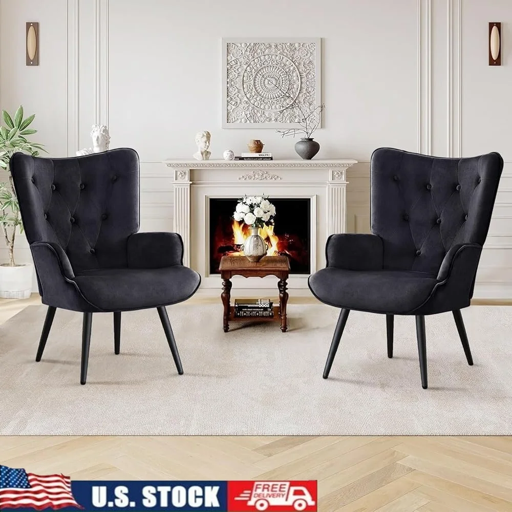 

Soft Velvet Accent Chair Wingback Tufted Reading Chair High Backrest Comfortable Armchair Living Room Bedroom Office Set of 2