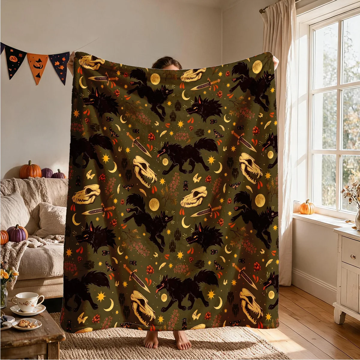 1pc Dark Forest Black Wolf Skull Star Moon Themed Flannel Blanket - Large Size, Soft, Lightweight, and Warm, Suitable for All Se