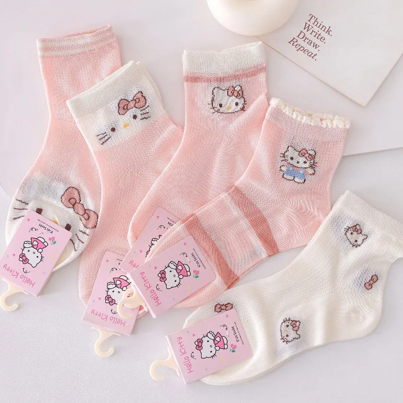

10 PCS Children's Thin Socks Spring and Summer Mesh Breathable Hello Kitty Cartoon Princess Style Mid-calf Student Socks