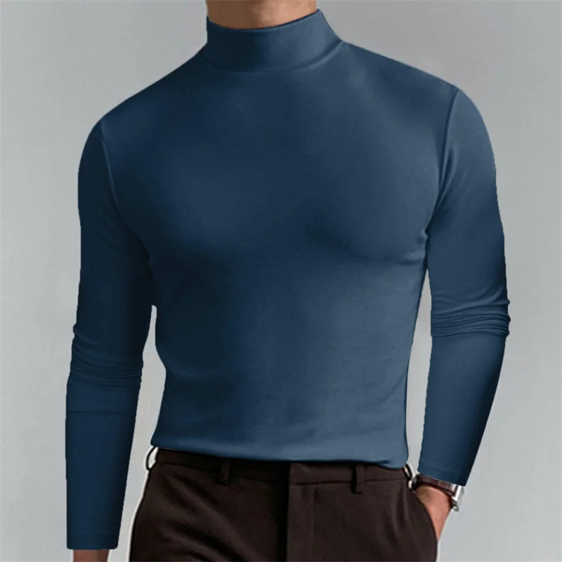 Men\'s Casual Slim Fit Bottoming Shirt Autumn Fashion Turtleneck Long Sleeves T-Shirt Male Sports Stretch Tops Solid Color Tees