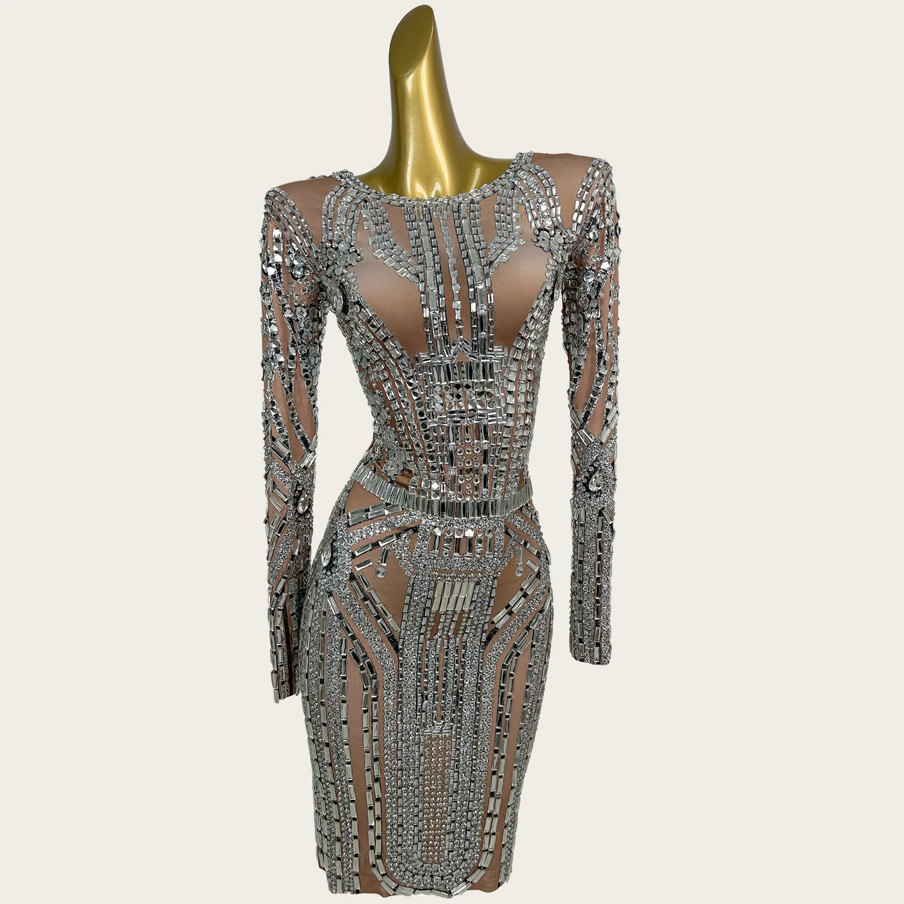 Women Long Sleeve Mesh Mini Dress Silver Rhinestone Symmetric Pattern Bodycon Stage Evening Dress Sexy Costume Guiji