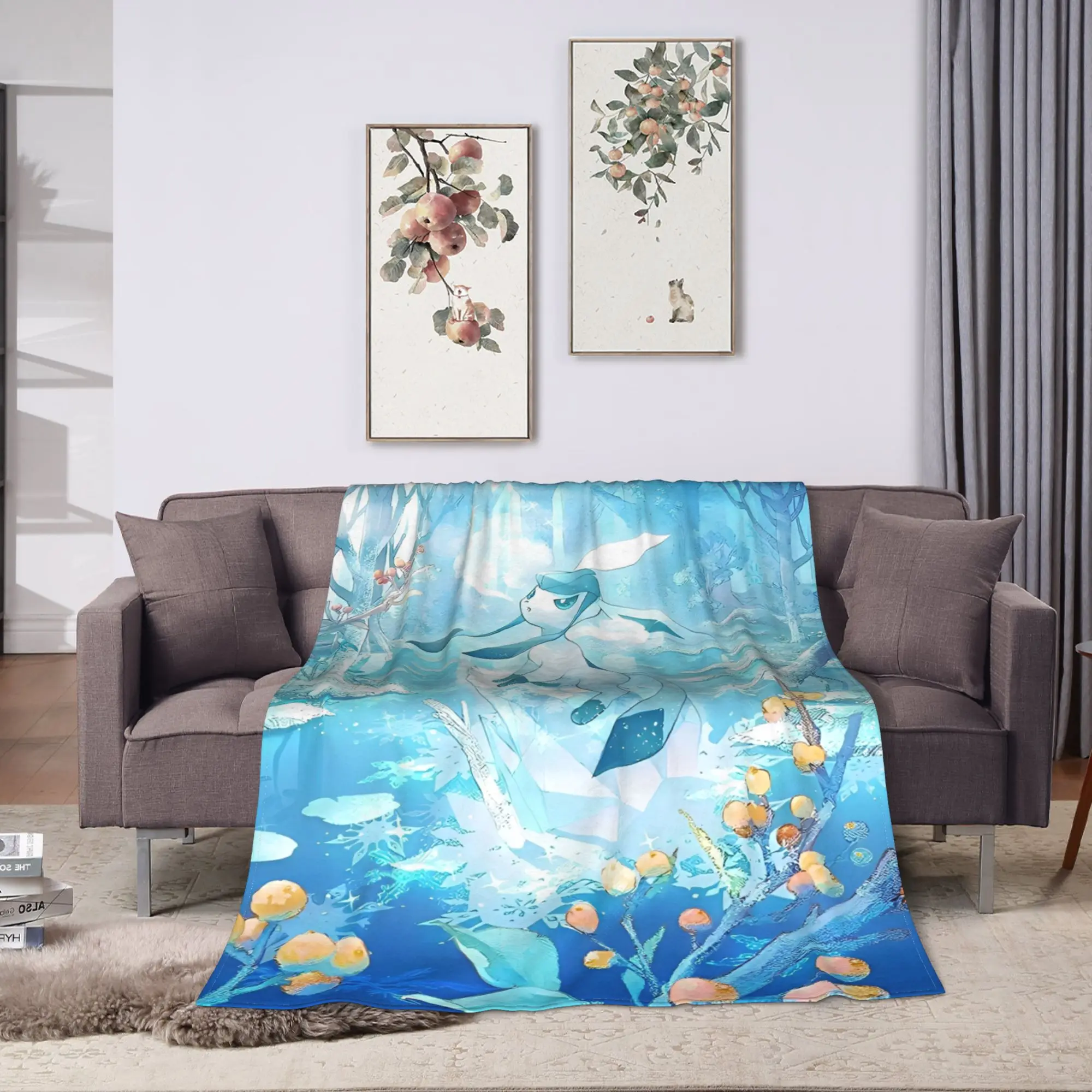 Anime Glaceons Blue Fantasy Blanket Pokemoned Quality Super Warm  Throw Blanket Autumn Camping Home Decor Funny Bedspread